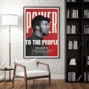 Fred Hampton "Power to the People" poster styled in a cozy reading corner. A bold statement piece for libraries, offices, and classrooms advocating Black empowerment.