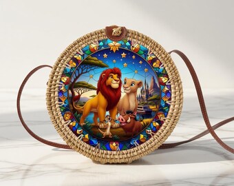 Simba & Nala Rattan Round Crossbody Bag, Disneyland Summer Beach Bag Rattan Crossbody, Birthday Gift, Mother Day Gift