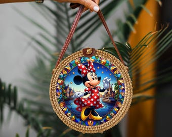 Minnie Mouse Rattan Round Crossbody Bag, Disneyland Summer Beach Bag Rattan Crossbody, Birthday Gift, Mother Day Gift