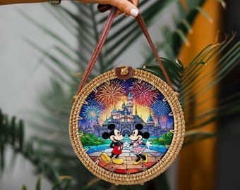 Mickey Minnie Rattan Round Crossbody Bag, Disneyland Summer Beach Bag Rattan Crossbody, Birthday Gift, Mother Day Gift