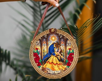 Beauty & The Beast Rattan Round Crossbody Bag, Disneyland Summer Beach Bag Rattan Crossbody, Birthday Gift, Mother Day Gift