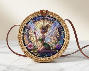 Tinker Bell Rattan Round Crossbody Bag, Disneyland Summer Beach Bag Rattan Crossbody, Birthday Gift, Mother Day Gift