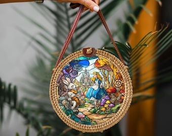 Alice in Wonderland Rattan Round Crossbody Bag, Disneyland Summer Beach Bag Rattan Crossbody, Birthday Gift, Mother Day Gift