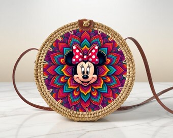 Minnie Mouse Rattan Round Crossbody Bag, Disneyland Summer Beach Bag Rattan Crossbody, Birthday Gift, Mother Day Gift