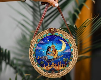 Aladin & Jasmine Rattan Round Crossbody Bag, Disneyland Summer Beach Bag Rattan Crossbody, Birthday Gift, Mother Day Gift