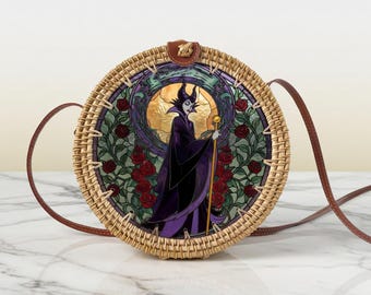 Maleficent Rattan Round Crossbody Bag, Disneyland Summer Beach Bag Rattan Crossbody, Birthday Gift, Mother Day Gift