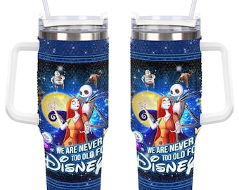 Vaso de 40 oz con diamantes de imitación de Jack Skelington y Sally, vaso con asa de Disneyworld de 40 oz.