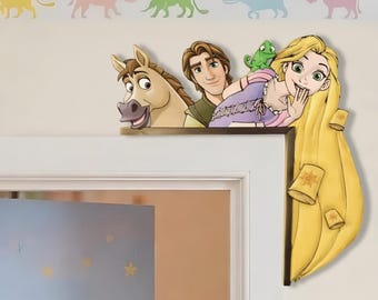 Rapunzel Wooden Corner Sign, Funny Rapunzel Princess Fairies Peeking Door Corner Sign, Dlsney Home Decor, Kid Room Decoration