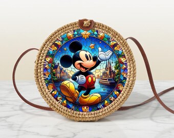 Mickey Mouse Rattan Round Crossbody Bag, Disneyland Summer Beach Bag Rattan Crossbody, Birthday Gift, Mother Day Gift