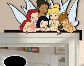 Fairies Wooden Corner Sign, Funny Tinker Bell Fairies Peeking Door Corner Sign, Dlsney Home Decor, Kid Room Decoration