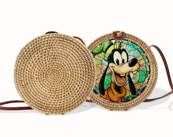 Goofy Rattan Round Crossbody Bag, Disneyland Summer Beach Bag Rattan Crossbody, Birthday Gift, Mother Day Gift