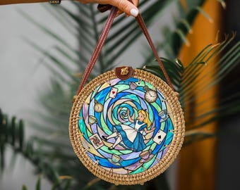 Alice in Wonderland Rattan Round Crossbody Bag, Disneyland Summer Beach Bag Rattan Crossbody, Birthday Gift, Mother Day Gift