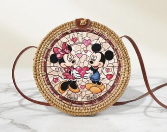 Mickey Minnie Rattan Round Crossbody Bag, Disneyland Summer Beach Bag Rattan Crossbody, Birthday Gift, Mother Day Gift