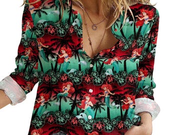 Blusa/Camisa de Ariel Princesa para Viaje de Verano, Camisa Tropical de Ariel para Mujer, Camisa Casual de Ariel para Playa, Vacaciones en Disneyland