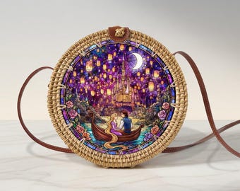 Rapunzel Rattan Round Crossbody Bag, Disneyland Summer Beach Bag Rattan Crossbody, Birthday Gift, Mother Day Gift