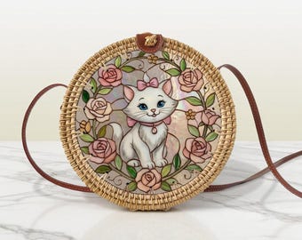 Dlsney Aristocats Marie Rattan Round Crossbody Bag, Disneyland Summer Beach Bag Rattan Crossbody, Birthday Gift, Mother Day Gift