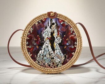 Cruella De Vil Villains Rattan Round Crossbody Bag, Disneyland Summer Beach Bag Rattan Crossbody, Birthday Gift, Mother Day Gift