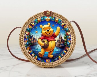 Pooh Rattan Round Crossbody Bag, Disneyland Summer Beach Bag Rattan Crossbody, Birthday Gift, Mother Day Gift