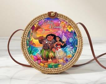 Moana & Maui Rattan Round Crossbody Bag, Disneyland Summer Beach Bag Rattan Crossbody, Birthday Gift, Mother Day Gift