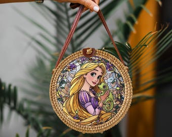 Rapunzel Rattan Round Crossbody Bag, Disneyland Summer Beach Bag Rattan Crossbody, Birthday Gift, Mother Day Gift