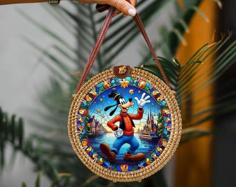 Goofy Rattan Round Crossbody Bag, Disneyland Summer Beach Bag Rattan Crossbody, Birthday Gift, Mother Day Gift