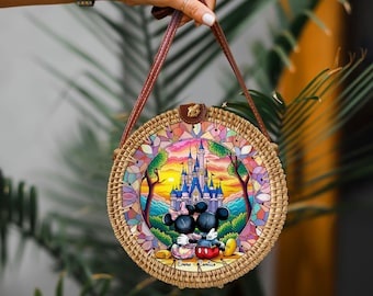 Mickey Minnie Rattan Round Crossbody Bag, Disneyland Summer Beach Bag Rattan Crossbody, Birthday Gift, Mother Day Gift