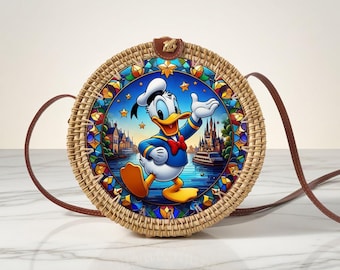 Donald Duck Rattan Round Crossbody Bag, Disneyland Summer Beach Bag Rattan Crossbody, Birthday Gift, Mother Day Gift