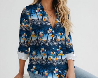 Camisa tipo blusa de Donald Duck para viaje de verano, camisa tropical de Donald para mujer, camisa casual de Donald para la playa, vacaciones en Disneyland