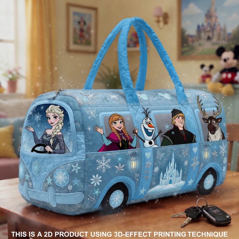 May include: A light blue travel bag featuring characters from the movie Frozen. The bag has a bus design with Elsa, Anna, Olaf, Kristoff, and Sven. The bag has blue handles and snowflake patterns. The text at the bottom says "THIS IS A 2D PRODUCT USING 3D-EFFECT PRINTING TECHNIQUE."