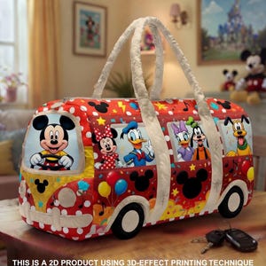 May include: A red and white polka-dotted travel bag with images of Mickey Mouse and friends in a bus design. The bag has white handles and black wheels. The text at the bottom reads: THIS IS A 2D PRODUCT USING 3D-EFFECT PRINTING TECHNIQUE.