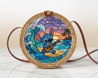 Stitch Rattan Round Crossbody Bag, Disneyland Summer Beach Bag Rattan Crossbody, Birthday Gift, Mother Day Gift