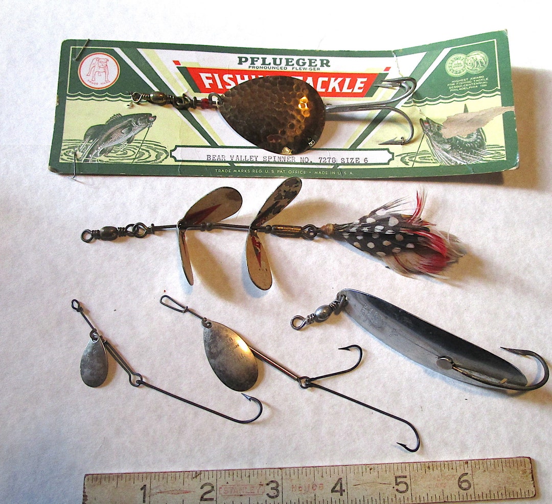 LR54 FIVE Pflueger Metal Old Fishing Lures Classics Some Great stories Here  Pflueger Collectors Should LOOK 