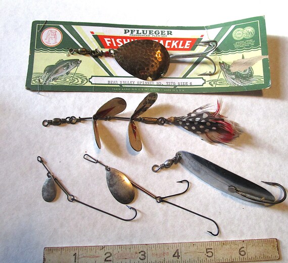 LR54 FIVE Pflueger Metal Old Fishing Lures Classics Some Great