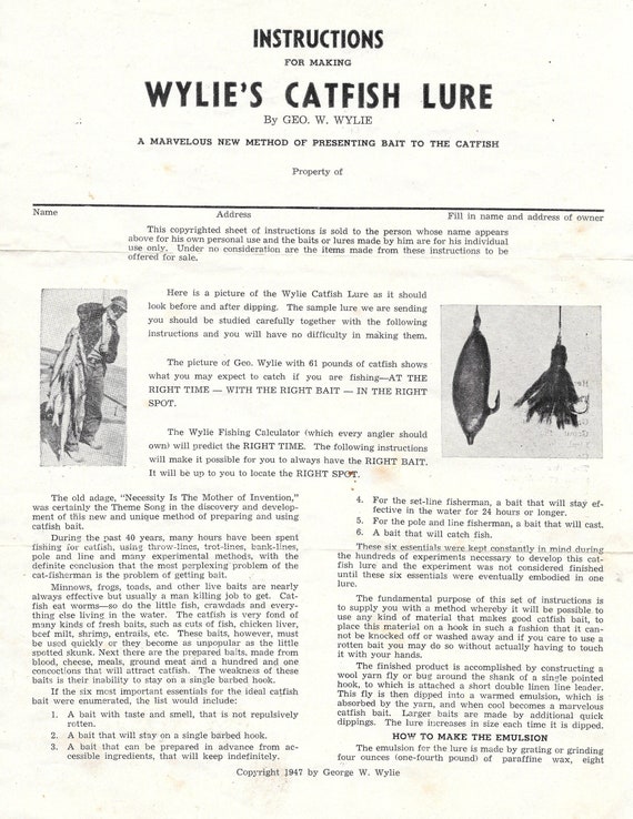 RP17: Old, Vintage Wylies Secret catfish Lure Brochure 1947 Kansas