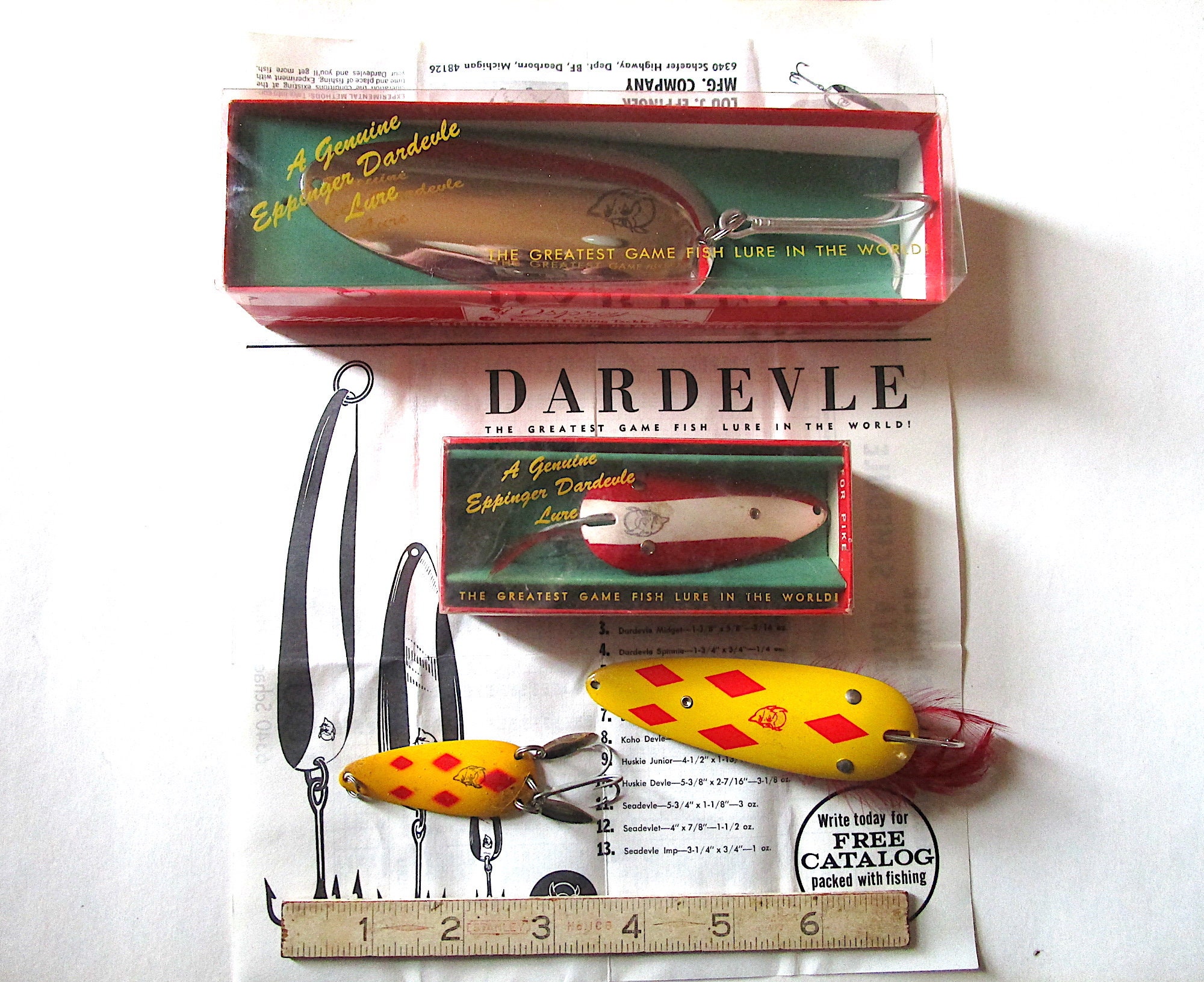 LR61 4 Eppinger osprey Vintage Dardevles Old Fishing Tackle Lures Boxes,  Catalog, Unusual Ones Long History Fish OR Yes Collectible 