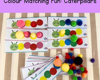 May include: A set of colorful caterpillar-themed learning cards with matching pom-poms. The cards feature a caterpillar with a smiling face and circles in different colors. The pom-poms are in a variety of colors, including red, green, blue, yellow, and purple.