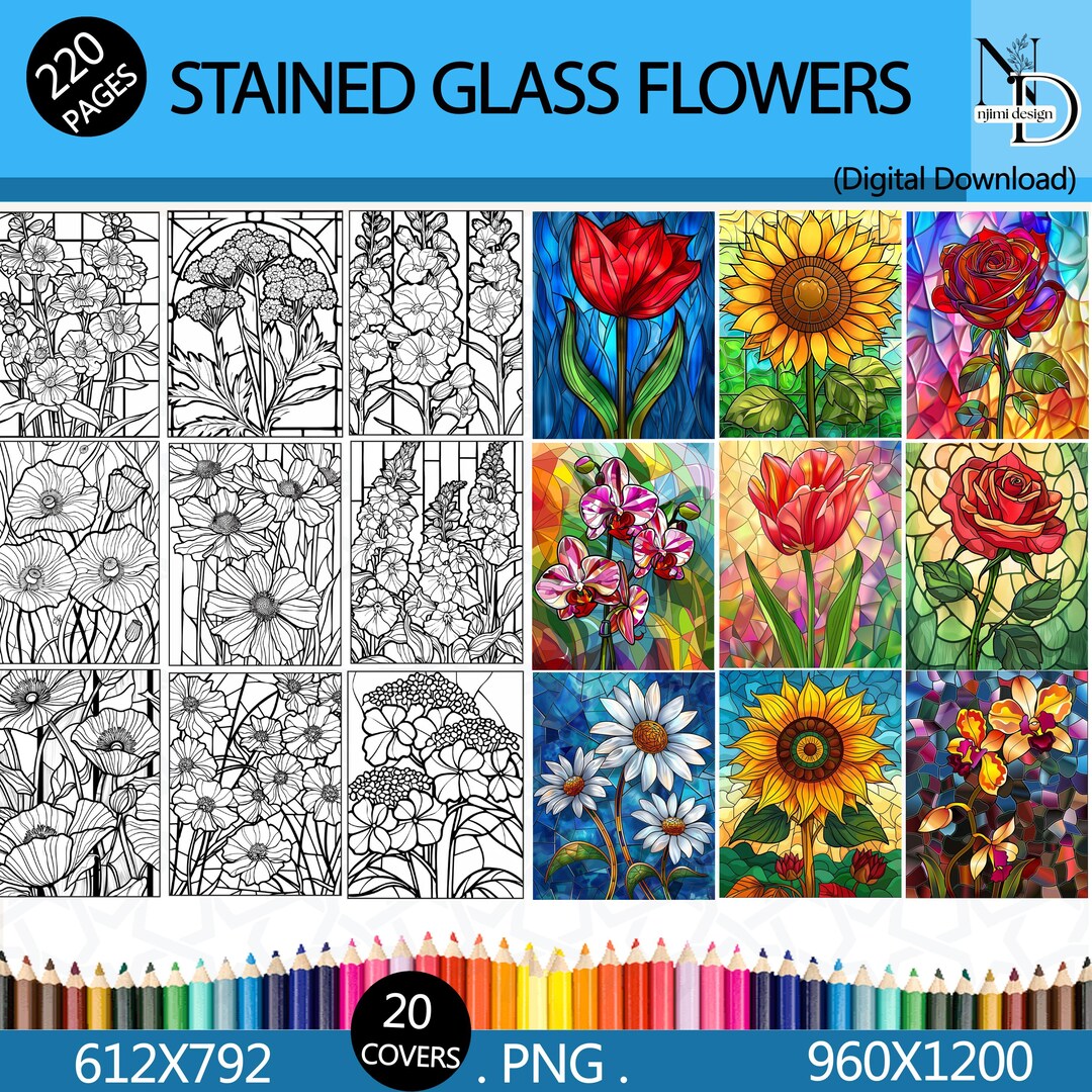 Stained Glass Flowers Coloring Pages | Floral Art, 220 Designs (PDF ...