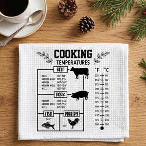 Könnte beinhalten: Weißes Küchentuch mit einer schwarzen Kochtemperaturtabelle für Rind, Schwein, Fisch und Geflügel. Die Tabelle enthält Fahrenheit- und Celsius-Temperaturen. Eine Tasse Kaffee und Tannenzapfen befinden sich im Hintergrund.