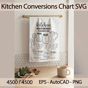Peut inclure: Un torchon de cuisine blanc avec une barre dorée, présentant du texte noir et des illustrations de conversions de mesures de cuisine. Le torchon comprend des conversions pour les tasses, les pintes, les quarts et les gallons, avec des mesures en onces et en litres. Le texte "Kitchen Conversions Chart SVG" est en haut.
