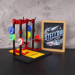 May include: A miniature weightlifting rack with colorful weights and a barbell. The rack is red and black, with yellow and black platforms. A framed print with the text "STELLAR PRINT LABS" is also present.