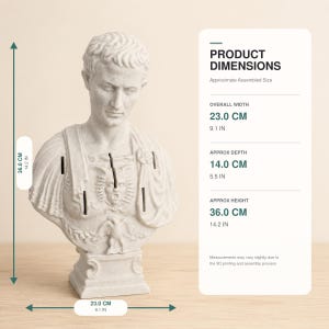 May include: A light gray bust of a Roman figure featuring a detailed chest plate with a central face and eagle emblem. The sculpture measures 36.0 cm or 14.2 inches in height, 23.0 cm or 9.1 inches in width, and 14.0 cm or 5.5 inches in depth.