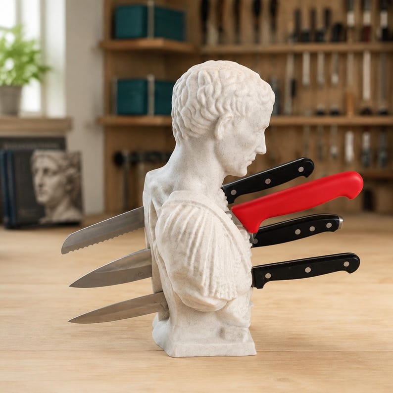May include: A white stone-textured bust of a Roman figure serving as a knife block. The sculpture features multiple slots holding various kitchen knives, including three with black handles and one with a bright red handle, inserted into the back.