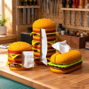 May include: Three burger-shaped dispensers on a wooden surface. Two are vertical cylindrical containers with white paper sheets emerging from the center, and one is a horizontal oblong container with a white tissue protruding from the top.