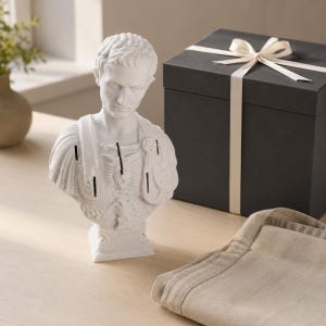 May include: A white stone-textured bust of a Roman figure featuring a detailed chest plate with vertical slots. The sculpture is positioned next to a large black gift box tied with a white ribbon and a folded piece of light beige fabric.