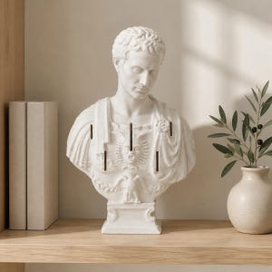 May include: A white stone-colored bust of a Roman figure featuring a draped toga and intricate chest plate detailing. The sculpture includes several vertical rectangular slots integrated into the torso area, set upon a square pedestal base.