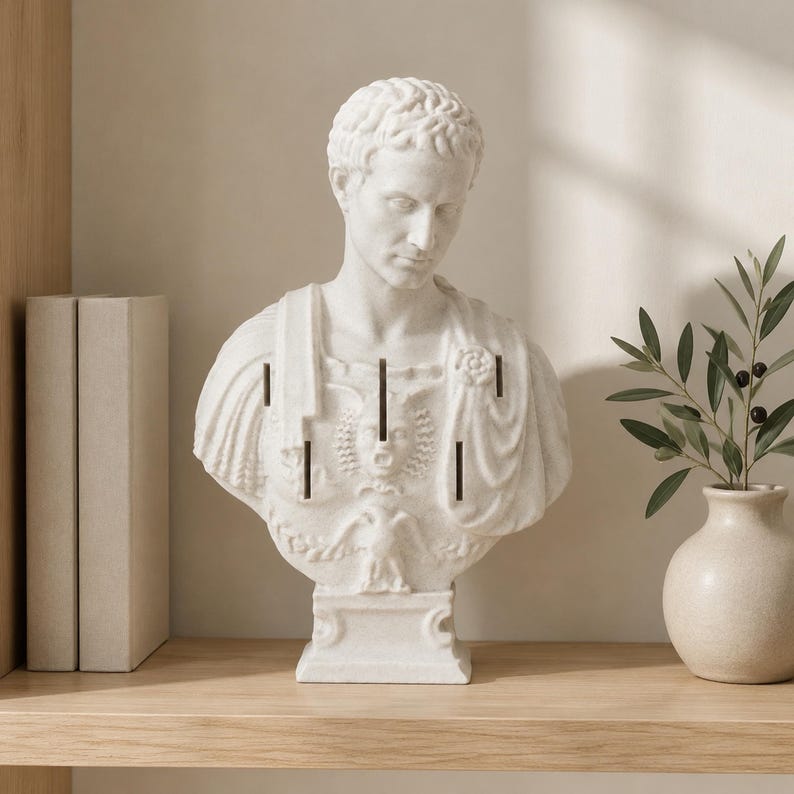 May include: A white stone-colored bust of a Roman figure featuring a draped toga and intricate chest plate detailing. The sculpture includes several vertical rectangular slots integrated into the torso area, set upon a square pedestal base.