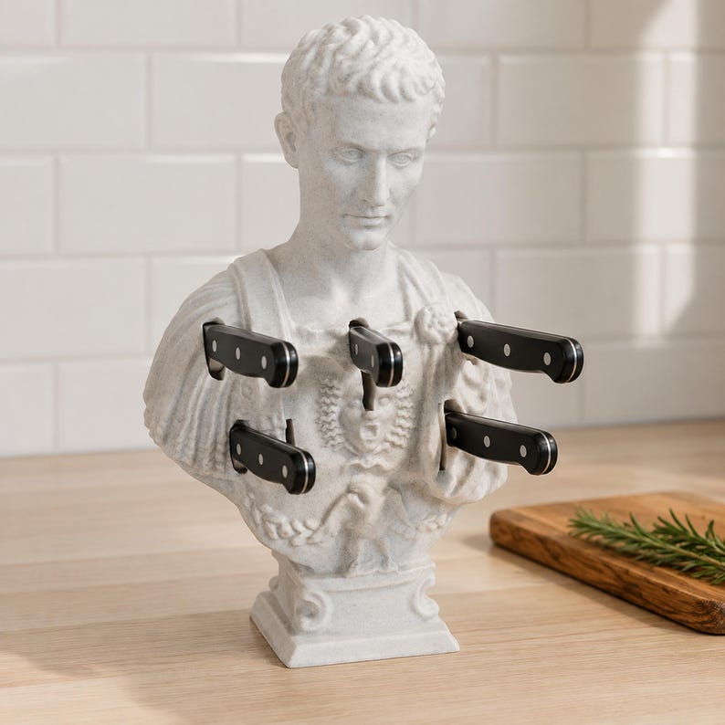 May include: A white stone-textured bust of a Roman figure serving as a knife block. The sculpture features a central gorgon relief on the chest and holds five black-handled kitchen knives inserted into slots across the front of the torso.