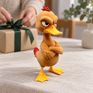 Peut inclure: Une figurine de canard en caoutchouc texturé brun doré avec une expression faciale grincheuse, les bras croisés, un bec et des pattes jaune vif, et une petite crête rouge sur la tête. Le canard se tient debout avec les ailes repliées sur la poitrine.