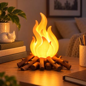 Può includere: Una lampada decorativa a forma di falò con una struttura a fiamma arancione e gialla luminosa che poggia su una base di tronchi marroni testurizzati. La luce emette un bagliore caldo e soffuso, imitando l'aspetto di un piccolo fuoco.