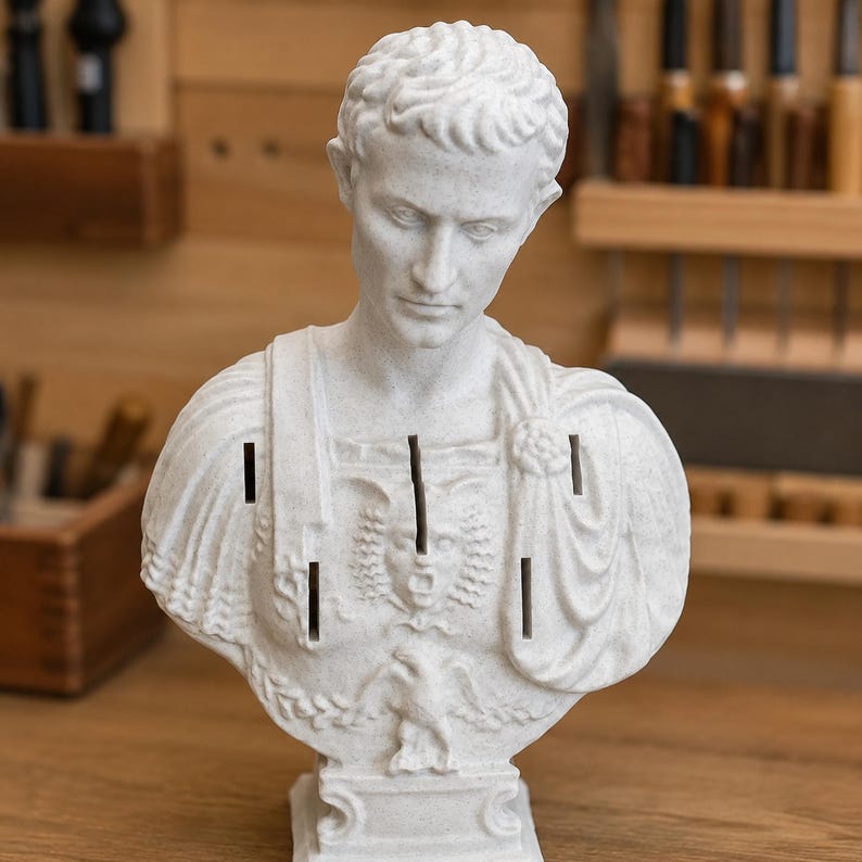 May include: A white stone-textured bust of a Roman figure wearing armor with a central gorgon head emblem and an eagle motif at the base. The sculpture features four vertical rectangular slots integrated into the chest and shoulder areas.